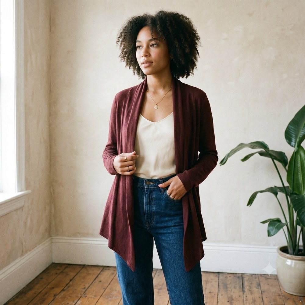 Rozae Nichols‎ Womens Cardigan Small Burgundy Open Front Draped Dark Academia